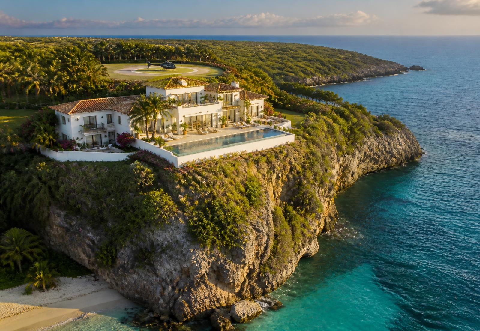 Luxury clifftop villa with private helipad overlooking the turquoise Caribbean sea at Cabrera