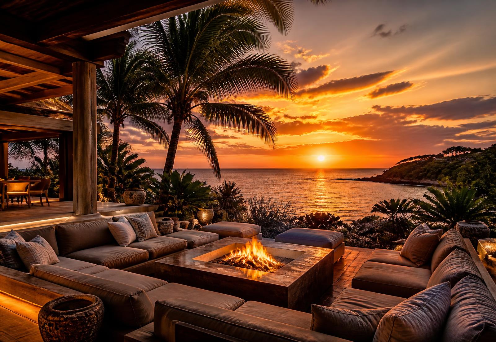 Architectural inspiration for a tropical ocean view terrace at sunset with low lounge seating
